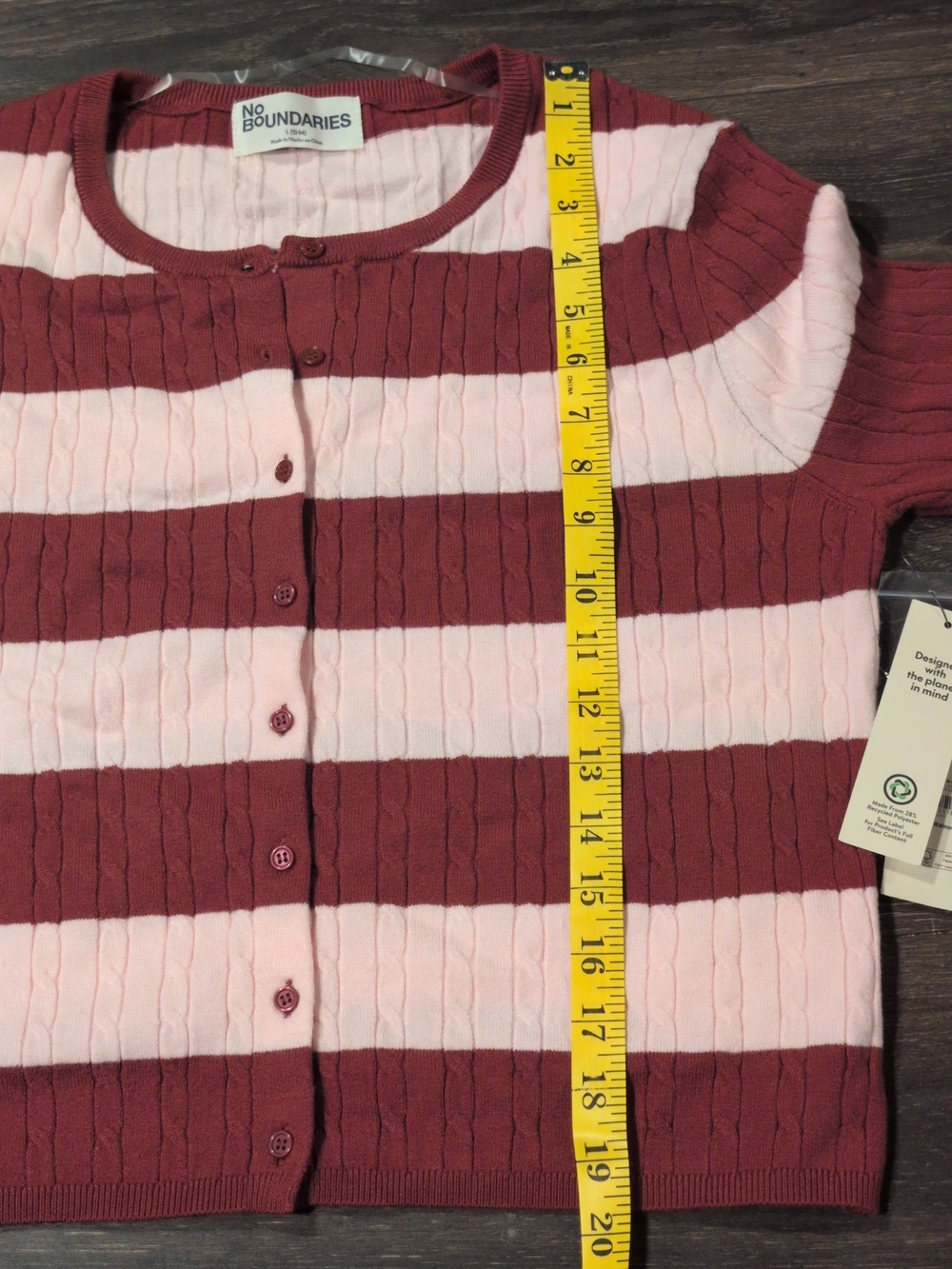 No Boundaries Cable Knit Crewneck Cardigan, Women's Sweater Pink And Wine Size L - Picture 3 of 7